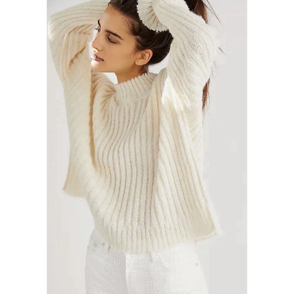 Free People Evermore Pullover Sweater Cream M Alpaca Blend Ribbed Knit Slouchy
